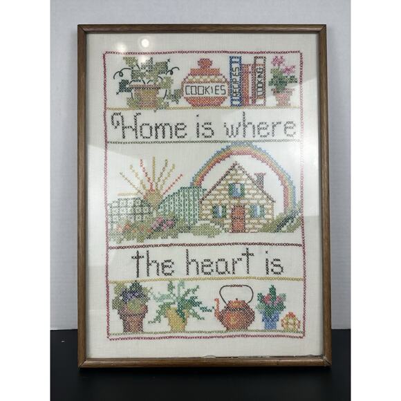 Vintage Framed Cross Stitch Embroidery Home is Where the Heart Is Retro - Picture 1 of 8
